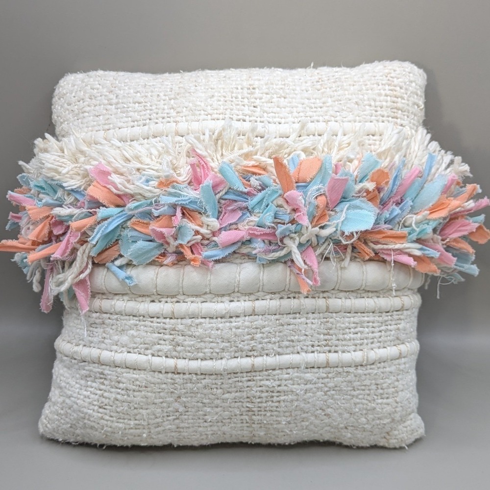 Boho Chunky Textured Woven Throw Pillow Cream Pastel Rag Fringe 10x10
